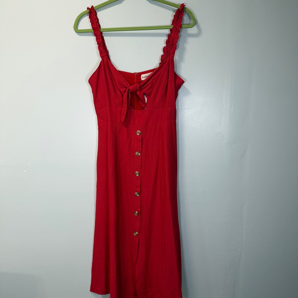 B.Original‎ Red Tie Front Keyhole Midi Dress Ruffle Strap Button Womens M NWT